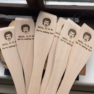Wooden Spatula engraved with an image of Lionel Richie and saying hello, is it me you're cooking for
