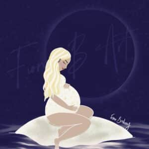 Digital illustration of a pregnant woman with long blonde hair sitting on a glowing white cushion against a dark, starry background. She rests her hands on her belly, creating a serene and ethereal atmosphere. The name "Fiona Breheny" is subtly visible in the background.