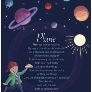 A whimsical illustration of a child under a night sky filled with planets and stars. The child joyfully throws a paper airplane. The poem "Plane" by Joseph Patrick Stenson is written in white text against the dark blue backdrop, adding a magical feel to the scene.